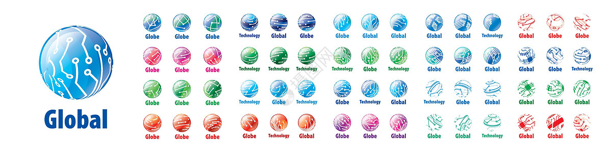 一组全球网络的抽象矢量标志芯片信号行星商业电脑圆形数据轨道圆圈蓝色图片