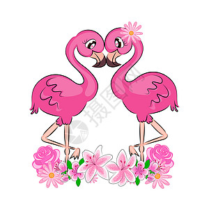 火烈鸟情人节 一对可爱的情侣粉红色火烈鸟 眼睛可爱 睫毛带花图片