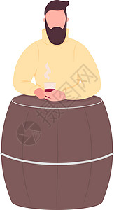 红酒木桶男人坐在桶桌半平板颜色向量字符插画