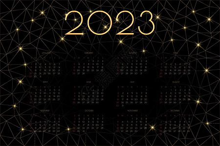 2023年日历 配有奢华金 低彩色多聚马赛克三角形和水平黑底闪亮星图片