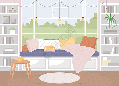舒适的客厅平面颜色矢量它制作图案图表休息沙发横幅动画片风景风格房间湿气毯子图片