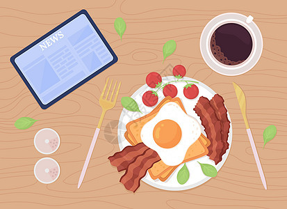 家庭早餐常规平板彩色矢量插图图片