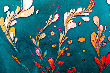 Ebru 大理石纹艺术与花卉图案 抽象彩色背景脚凳模式墨水大理石装饰品水彩花纹效果艺术品墙纸图片