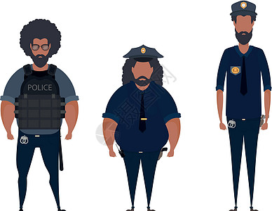 设置身着制服的警察站在前视线上 职业人员概念 派出所工作 矢量蓝色员工英雄安全帽子男人服务卡通片情况交通图片