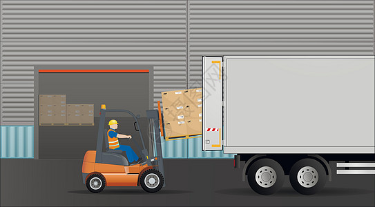 一辆叉车将装有纸板箱的货盘装载到卡车上 储存 分拣和交付 存储设备图片