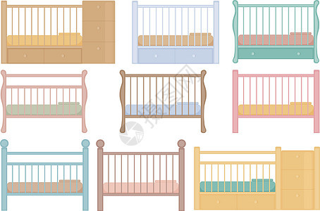 一大套不同颜色的婴儿床 带床垫和枕头的木制婴儿床 卡通风格的儿童婴儿床系列 矢量图图片