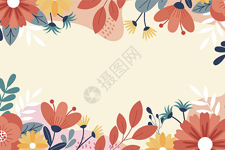 由多彩花朵和花朵协调安排的空白框架装饰 空海报边框被多色布格环绕 组织得非常井然有序季节问候创造力图案风格问候语花瓣植物叶子元素背景图片