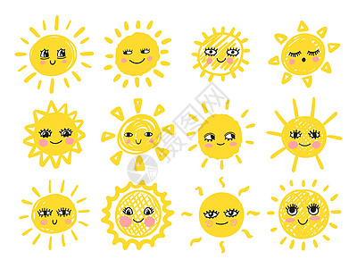 快乐的笑笑太阳人物 矢量手画了阳光明亮的图示图片