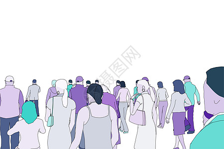 一群人向前走 在白色背景下被隔离 背影 没有脸的人的背影 平面样式 与人的轮廓的剪影 矢量图图片
