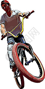 BMX上的骑自行车者的彩色矢量图像 显示极端特效坡道运动踏板骑士风险骑术危险城市男人插图图片