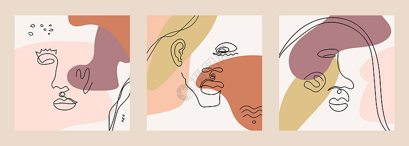 在线条艺术风格中孤立的抽象形状背景上设置一套现代肖像集海浪创造力打印草图人脸海报插图收藏粉色卡片图片