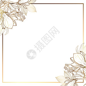 白色背景上由小花和金色植物的树枝制成的方形金色框架 方形框架和抽象中的形式极简主义 矢量图图片