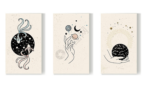 一套抽象的矢量海报帆布土星星星风格装饰框架收藏月亮世界热带图片