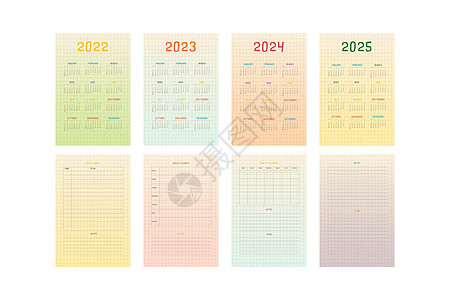 2022 2022 2023 2024 2025 日历和计划用多颜色可爱幼稚设计进行列表收藏背景图片
