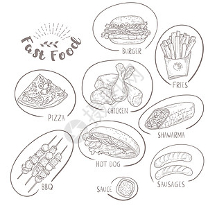 以雕刻的素描为风格的快餐收藏香肠热狗菜单午餐芝士薯条草图烧烤小吃土豆图片