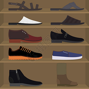 货架上的男鞋 侧面图 设置不同类型的男士时尚鞋类 秋冬春夏男鞋系列 包括拖鞋 靴子 运动鞋 凉鞋图片