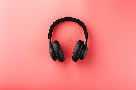 粉红色背景上的无线黑色耳机 从上面看 用于玩游戏和收听音乐曲目的入耳式耳机娱乐电缆技术配饰金属工具绳索立体声照片塑料图片