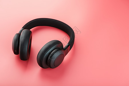 粉红背景顶视图上的黑蓝牙耳机 DJ 的在耳耳机照片技术音乐塑料立体声配饰文化海报娱乐工作室背景图片