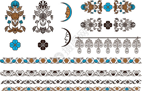 带有月亮和花朵的民族装饰品 一套装饰性线条 分解器 带民俗图案的图形元素图片