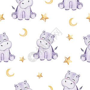 水彩可爱的河马和星星在白色背景上的无缝图案 用于织物 婴儿纺织品 睡衣 品牌 邀请函 剪贴簿 包装图片