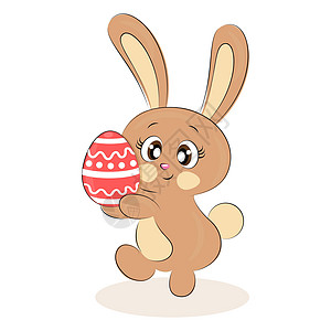 可爱的兔子与鸡蛋复活节快乐 复活节彩蛋和兔子在卡通风格的红色野兔在白色背景一行 打印 T 恤 杯子 婴儿衣服 矢量图 矢量图图片
