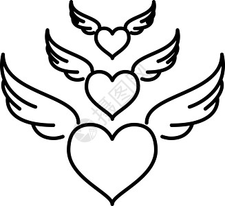 心脏与翅膀大纲图标矢量插图羽毛情人绘画白色浪漫艺术飞行黑色背景图片