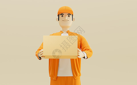 一个卡通送货员和礼物 3D投影橙子男人插图渲染运输邮件信使工人服务导游图片