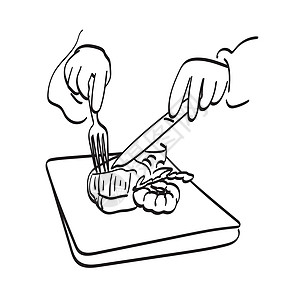 切鱼片手握刀刀和叉切牛排插图解 用白色背景隔开的矢量双手绘制插画