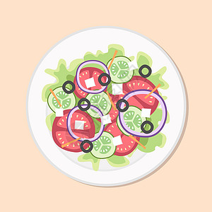 蔬菜沙拉健康饮食餐 减肥盘配生菜 西红柿 黄瓜 蔬菜 矢量图 简单的平面库存营养图像图片