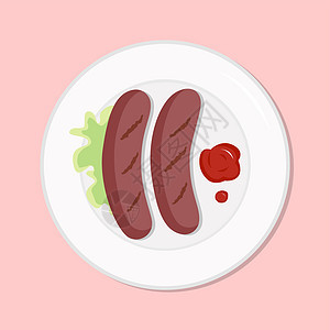 在盘子上烤香肠沙拉健康饮食餐 矢量图 简单的平面库存营养图像 早餐烧烤健康食品图片