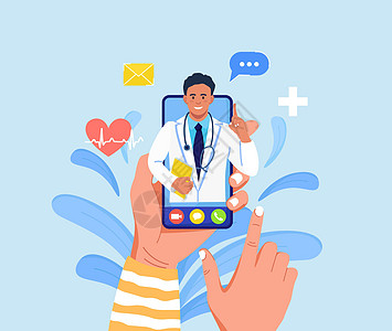 在线咨询医生 虚拟医学 电话屏幕上有医生在 Messenger 中聊天 使用智能手机与治疗师进行视频通话诊所医疗医师医院帮助药品图片