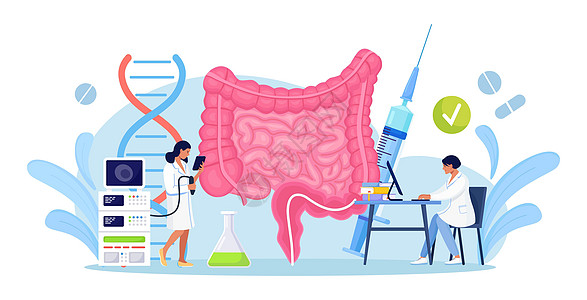 医生团队进行结肠镜检查 肠道诊断 肠道健康 检查胃肠道和消化系统的小医生 肠道微生物和友好菌群实验室药品内窥镜病理器官治疗冒号插图片