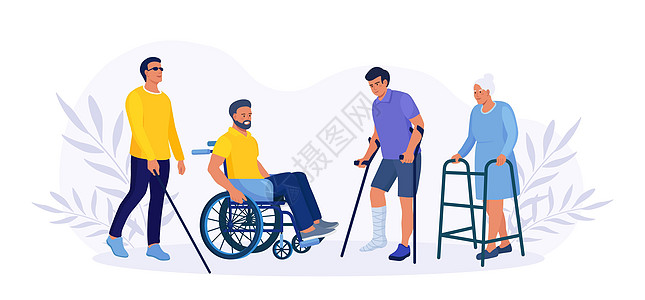 坐在轮椅上的残疾人 女人正在走路 靠在矫形助行器上 盲人病人拄着拐杖走路 腿断了的家伙拄着拐杖 残疾人 复原保健药品伤害老年麻痹图片