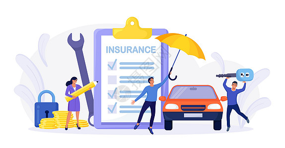 带伞的汽车保险单表格 提供担保文件的保险代理人或推销员 人们购买汽车 租赁 保护 保修车辆免受事故 损坏或碰撞图片