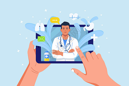 在线咨询医生 虚拟医学 电脑屏幕上有医生在 Messenger 中聊天 使用平板电脑与治疗师进行视频通话图片