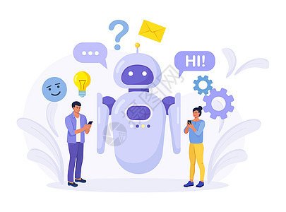 与聊天机器人应用程序聊天的小人物 人工智能机器人助手 在线客服 通过消息传递信息工程 人工智能和常见问题概念的聊天机器人虚拟助理背景图片