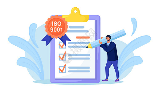 ISO 9001质量管理体系 国际认证 商务人士根据 ISO 9001 标准质量控制确认 证明优质产品 文件标准化行业背景图片