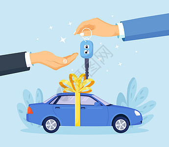 购买或租用新车或二手车 汽车经销商给买家钥匙 车辆租赁 销售或租赁概念图片