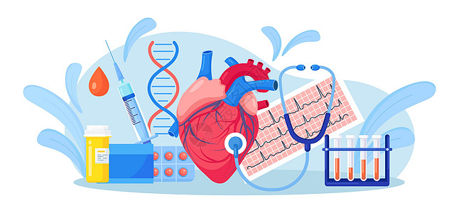 带听诊器 ECG 心电图 血液试管 药物的人类心脏 专业体检 通过心律听诊和脉诊检查 心血管疾病诊断图片