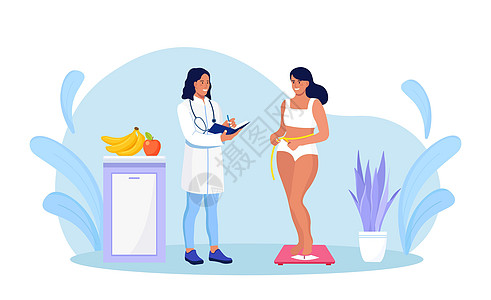 站在体重秤上的女孩 年轻漂亮的女人节食试图控制体重 Dietolog 医生为超重和肥胖的人制定减肥计划 健康的生活方式 节食的概图片