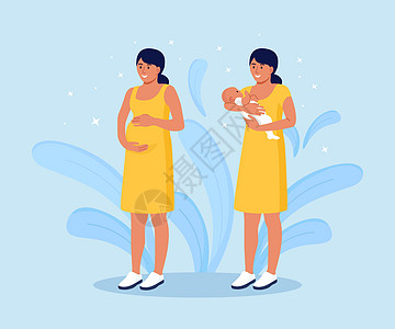 怀孕和孕产 美丽的孕妇握着她的肚子 年轻的母亲将新生儿抱在怀里图片