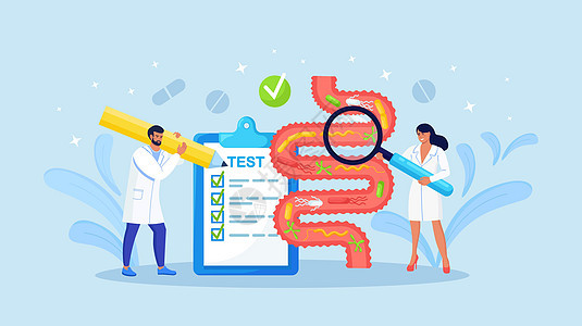 研究胃肠道和消化系统的小科学家 医生对肠道菌群微生物进行分析 肠胃科医生检查肠道或肠管问题图片