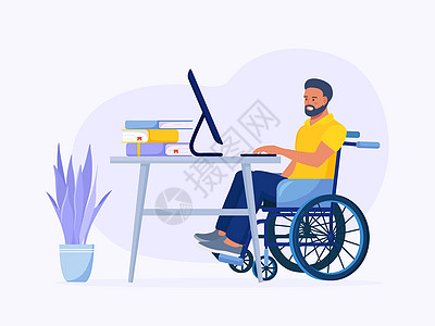 坐在轮椅上的残疾人在家庭办公室的电脑前工作 工作场所的残疾人 残疾人就业和社会适应图片