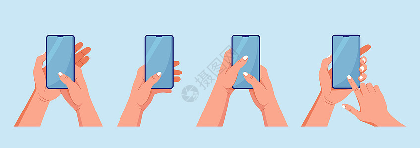 人手握着带空白屏幕的电话 人的手臂用拇指触摸智能手机显示 矢量插图图片