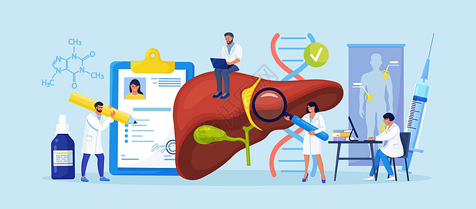 小医生治疗肝病 甲 乙 丙 丁型肝炎 肝硬化的医学诊断 一组医生检查病人的内脏 进行实验室测试 活检 分子分析药品显微镜感染器官图片