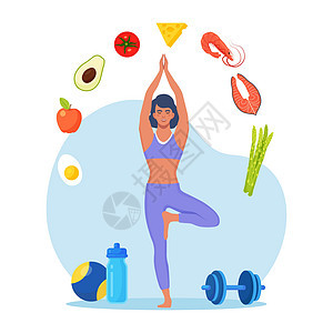 饮食计划 苗条的女人做运动和计划与水果和蔬菜的饮食 做瑜伽的女孩 饮食饮食 膳食计划 营养咨询 健康食品 运动 健康生活方式 健图片