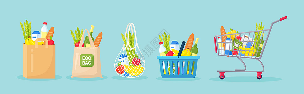 一套购物袋 篮子 手推车 手推车 杂货采购 纸和布包 带产品的网眼生态袋 天然食品 有机水果和蔬菜 百货商品图片