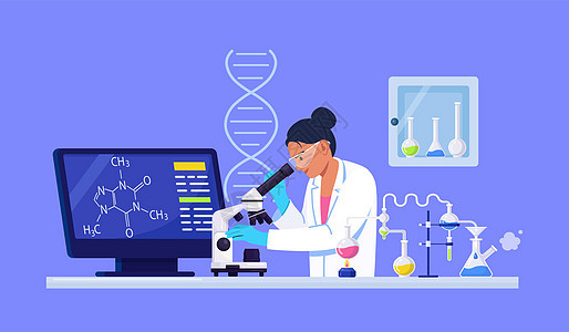 年轻的女科学家在实验室里通过显微镜进行化学研究 微生物分析或医学测试图片