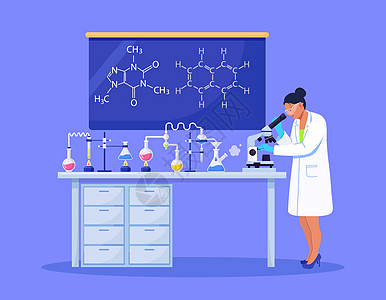 年轻的女科学家在实验室里通过显微镜进行化学研究 微生物分析或医学测试 矢量图图片