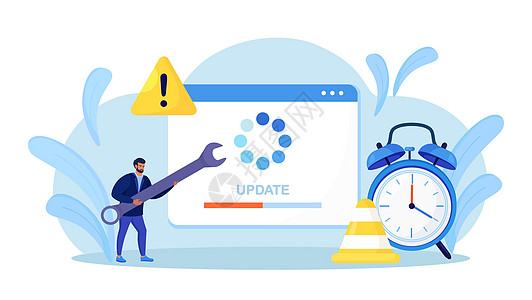 系统更新 小程序员升级操作系统 IT 专家更新软件 程序和应用程序 技术错误 服务 带有更新进度条和闹钟的网页笔记本展示数据互联背景图片